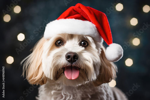 Cute fluffy dog in Santa hat against dark bokeh background. Christmas concept.