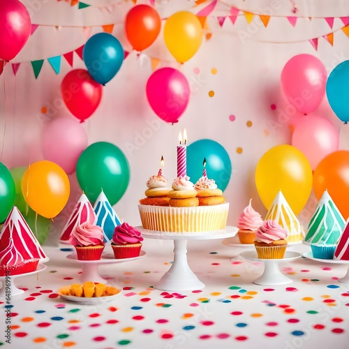 Birthday balloons and happy birthday cake with colorful candles