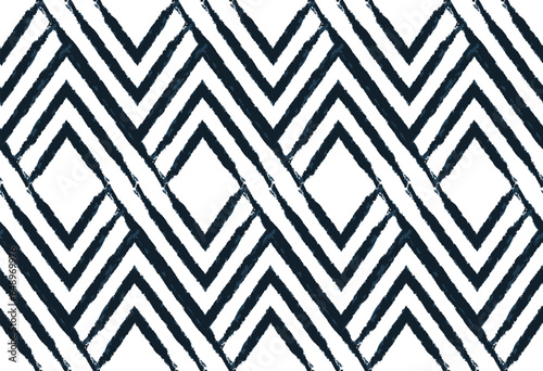Abstract. Geometry seamless pattern. Ikat brush style indigo and white background. Vector.