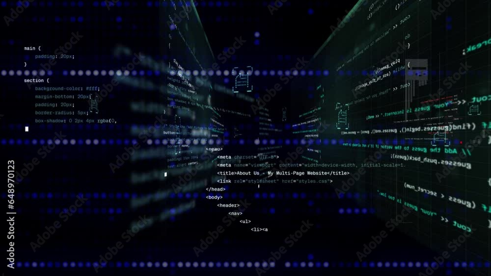 modern digital programming overlays on black background. Many small ...