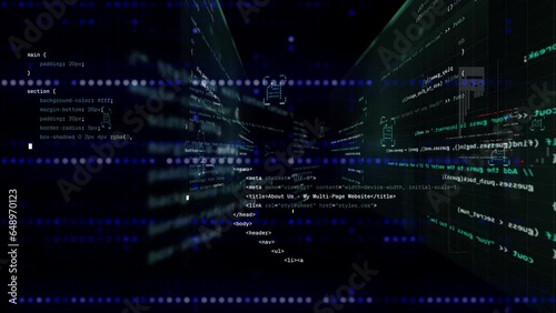 modern digital programming overlays on black background. Many small dots pattern with coding source code