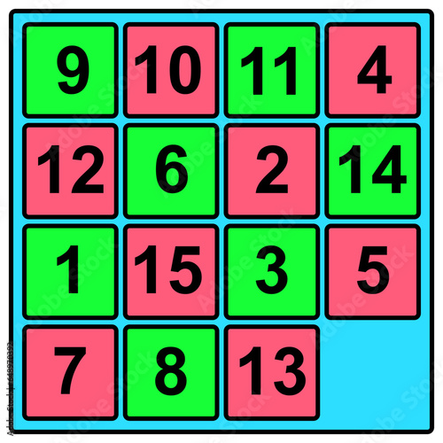 15 Puzzle math game also called Gem Puzzle, Boss Puzzle, Game of Fifteen, Mystic Square
