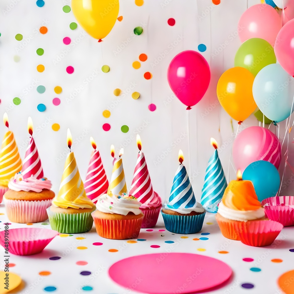 Birthday balloons and happy birthday cake with colorful candles Birthday balloons and happy birthday cake with colorful candles