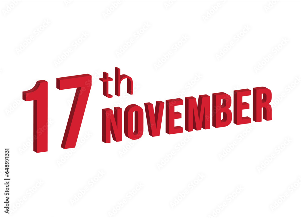 17th November , Daily calendar time and date schedule symbol. Modern design, 3d rendering. White background. 17th November , Daily calendar time and date schedule symbol. Modern design, 3d rendering. White background.