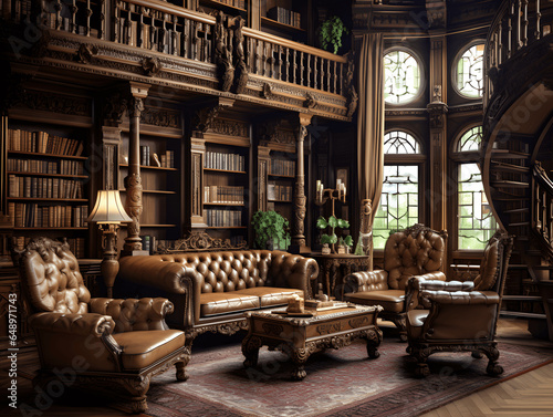 Vintage library interior with ornate woodwork, in the style of Victorian grandeur