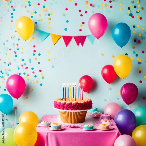 Birthday balloons and happy birthday cake with colorful candles