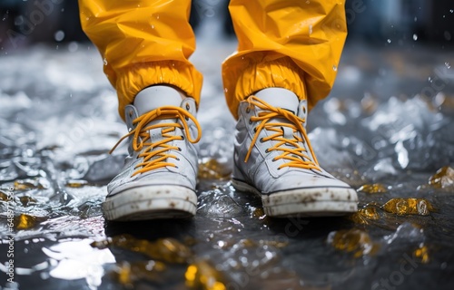 Rainy weather. Male feet in sneakers or sneakers walk through a rain puddle on an asphalt road, top view.
