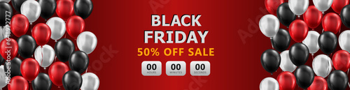 Red panoramic banner with plenty of 3d glossy balloons and sales countdown for Black Friday advertising. Header with discount timer, wide promotional poster for shopping super sale