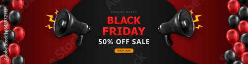 Black Friday header with sale advertising, black shouting megaphones and 3d glossy balloons. Promotional panoramic banner with discount special offer and loudspeakers. Wallpaper for online shopping