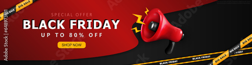 Template of Black Friday advertising panoramic banner with super sale information, red shouting megaphone and striped barrier tapes. Layout of promo discount header for social media post or web page