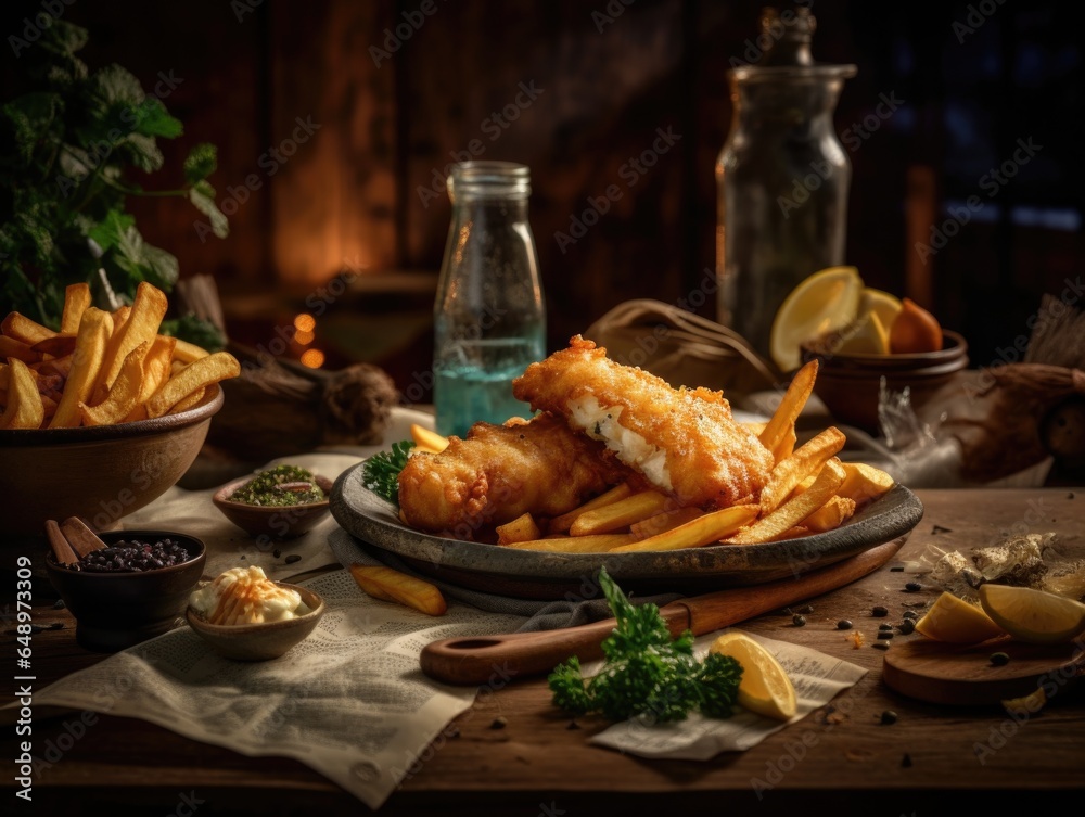 Classic British Fish and Chips in Rustic Kitchen
