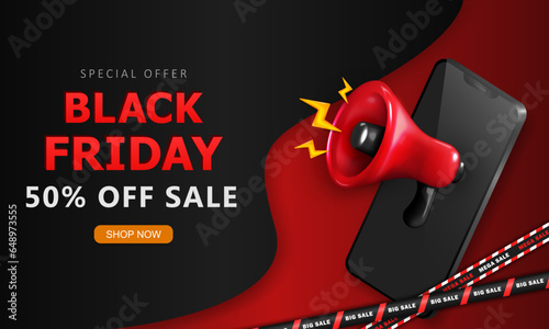Black Friday advertising banner with sale info, red shouting megaphone, realistic smartphone and striped barrier tapes. Layout of promo discount poster, wallpaper with special offer for shopping