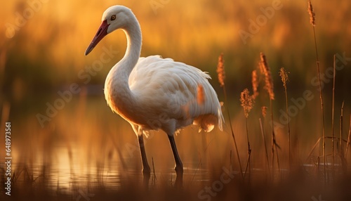 Photo of a graceful white whooping crane bird standing in calm waters
