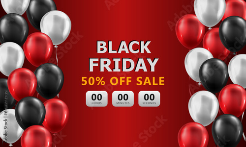 Template of red banner with sale countdown and 3d glossy balloons for Black Friday event. Promotional poster with discount timer. Marketing wallpaper, background with special offer for online shopping