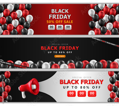 Collection with three Black Friday advertisement headers with super sale countdown, red shouting megaphone, 3d black glossy balloons and striped barrier tapes. Promo panoramic banners with discount