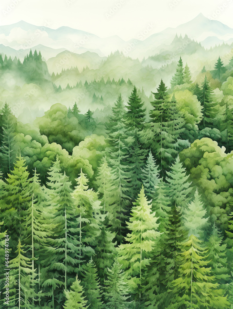 Obraz premium Mystic Canopy: A Journey Through the Fog-Enshrouded Evergreen Forest