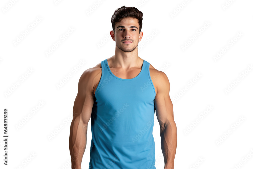 Fototapeta premium athletic young man in blue sports tank top with muscular strong body, png isolated on white transparent background