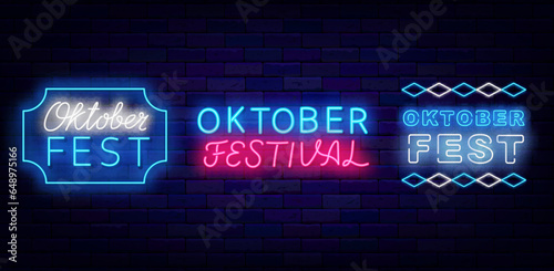 Oktoberfest neon labels collection. Traditional germany holiday. Alcohol party. Vintage frame. Vector illustration