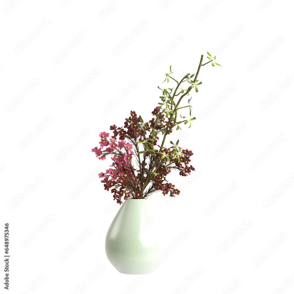 3d illustration of flower vase decoration in luxury space isolated transparent background