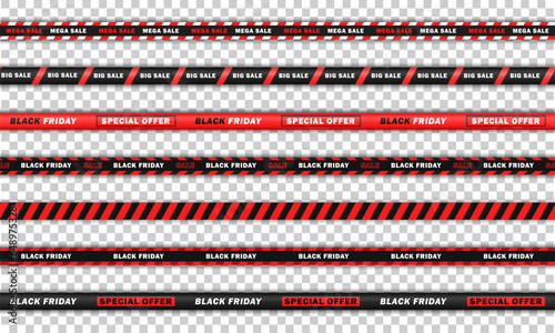 Big collection of seamless bright red realistic ribbons with text - big sale, Black Friday. Endless barricade tapes, discount stripes for online shopping isolated on transparent background