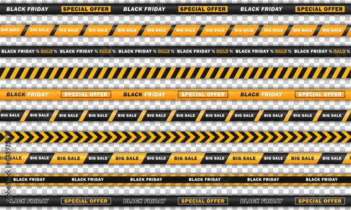 Big set of seamless bright yellow realistic ribbons with text - big sale, Black Friday. Collection of endless barricade tapes, discount stripes for online shopping isolated on transparent background