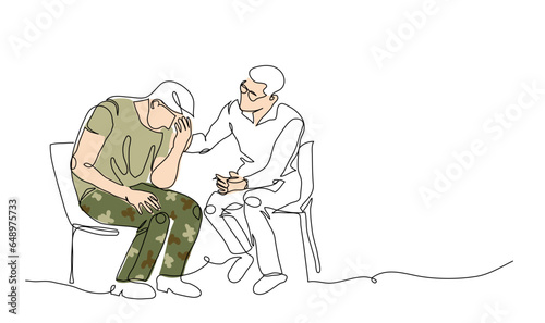 ptsd therapy, post-traumatic stress disorder treatment vector illustration. Veteran, soldier and psychotherapist. One continuous line art drawing of ptsd therapy