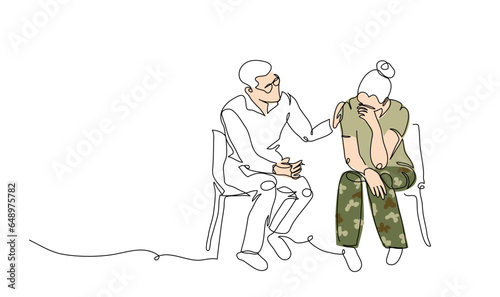ptsd therapy, post-traumatic stress disorder treatment vector illustration. Female veteran, soldier and psychotherapist. One continuous line art drawing of ptsd therapy