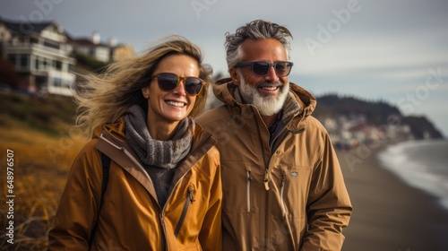 a fine-looking elderly couple walking along the coast