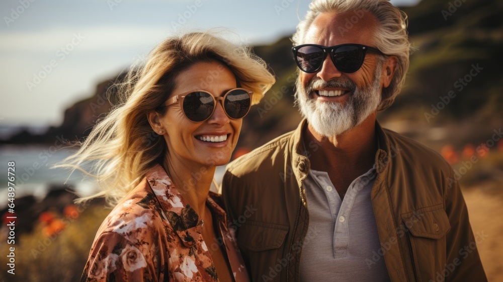 a stylish elderly couple walking along the coastline