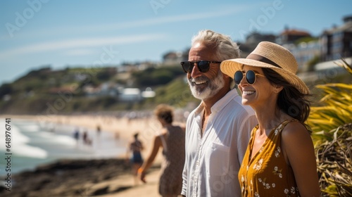 a stylish elderly couple walking along the coastline © stasknop