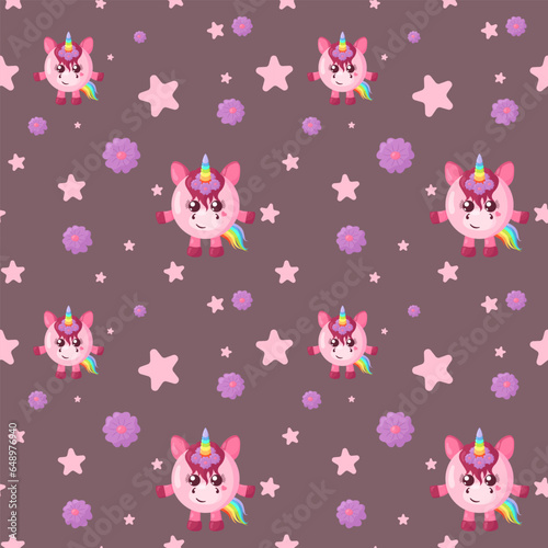 Funny kawaii unicorn seamless pattern background. Colored decorative endless flat vector backdrop animal tracery for fabric, cloth, print, backsplash, textile or wrapping paper	