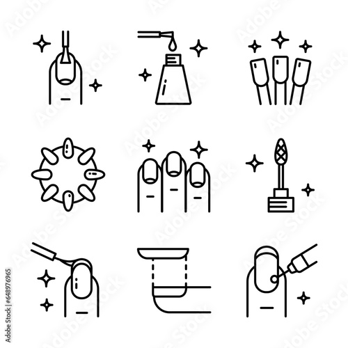 Equipment for manicure icons set. Outline set of equipment for manicure. Manicure tools line illustration. Vector isolated on white background. Pictogram for web page, promo