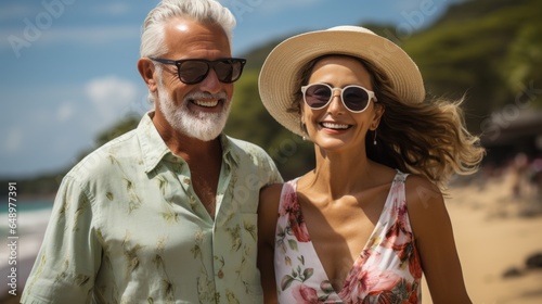 happy elderly couple enjoying a trip to the sea