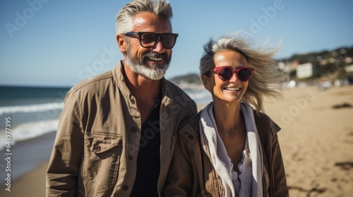 happy elderly couple enjoying a trip to the sea © stasknop