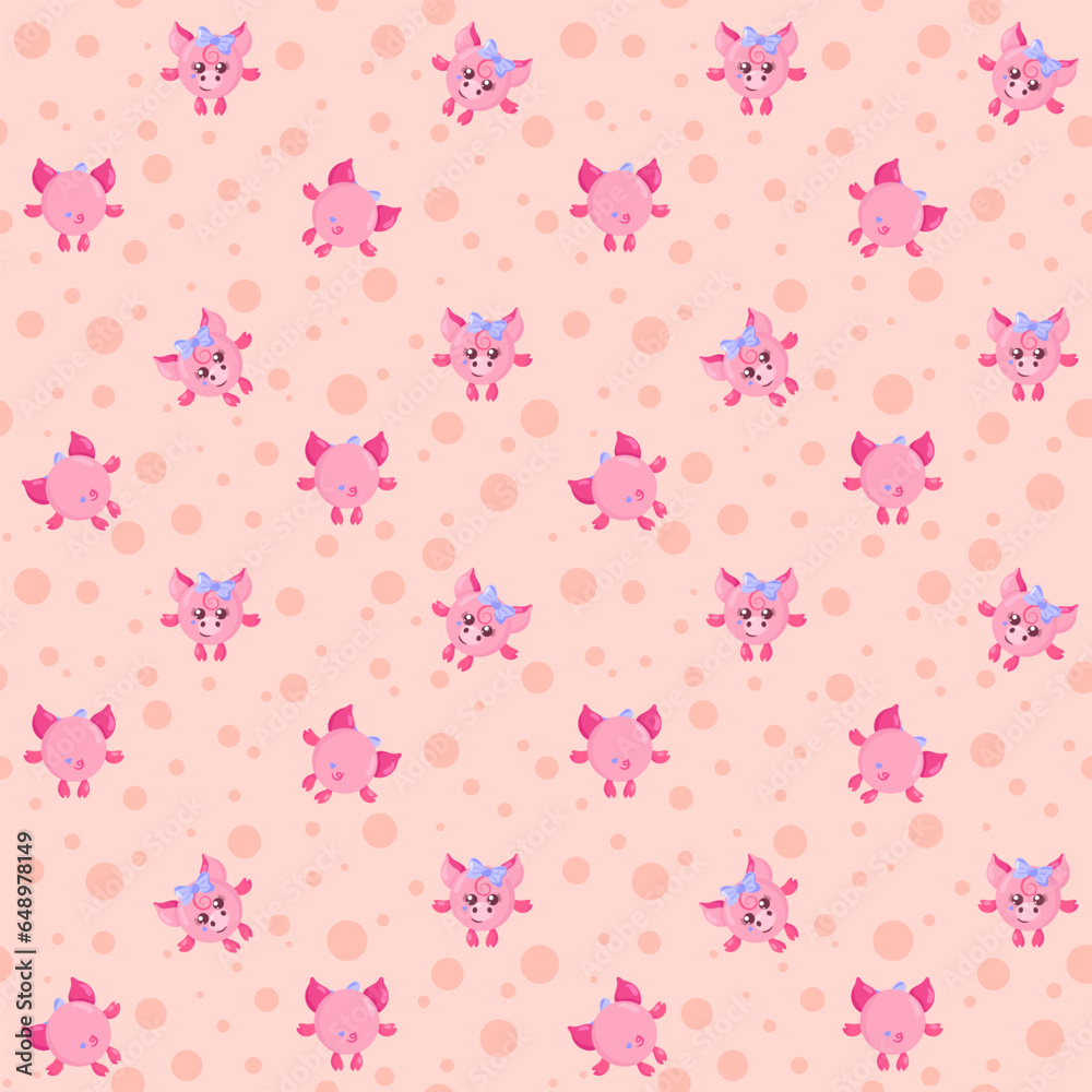 Funny kawaii pig seamless pattern background. Colored decorative endless flat vector backdrop animal tracery for fabric, cloth, print, backsplash, textile or wrapping paper	