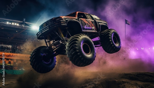 Photo of a monster truck soaring through the sky above a rugged dirt field