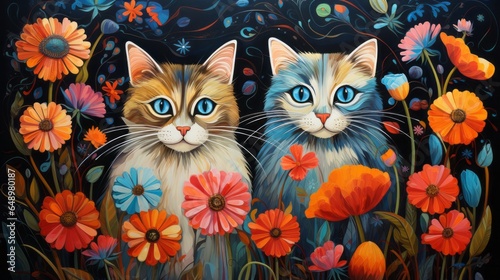 Illustration of two cats enjoying a sunny day in a colorful flower-filled field created with Generative AI technology