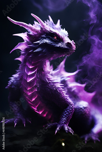 Purple dragon with glowing eyes, surrounded by smoke, magic symbol of the year 2024
