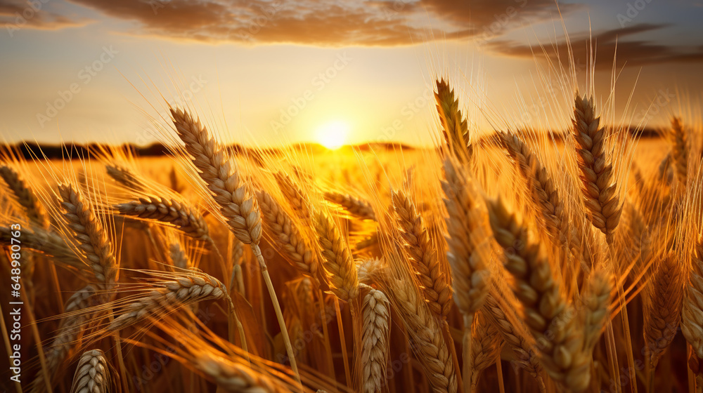 Ripening wheat ears in a field with the setting sun in the background