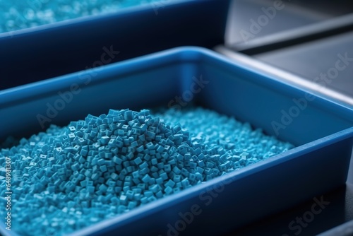 Blaues Kunststoffgranulat wird zu neuem, wiederverwendetem Material. Recycelter Kunststoff mit Farben für die Recyclingfabrik