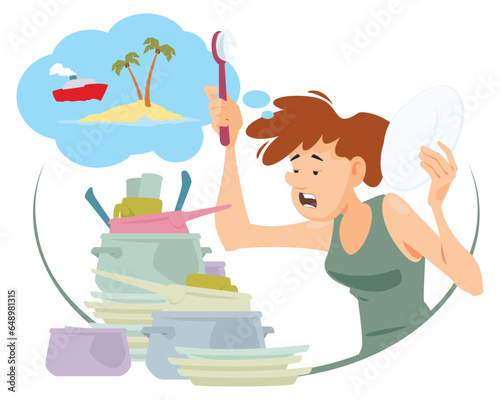 Girl washing dishes. Illustration for internet and mobile website.