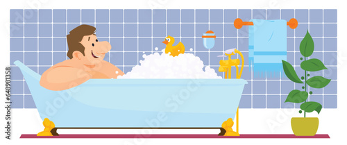 Man is washing in bathroom. Illustration for internet and mobile website.