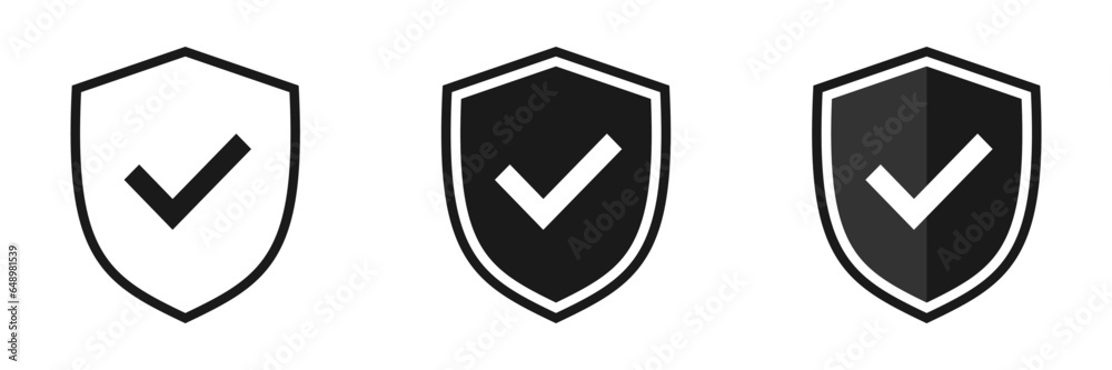Check mark with a shield. Set of illustrations Check mark with a shield. Set of illustrations