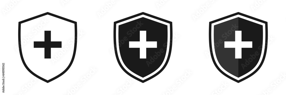 Shield to protect health. Cross with shield. Set of illustrations Shield to protect health. Cross with shield. Set of illustrations