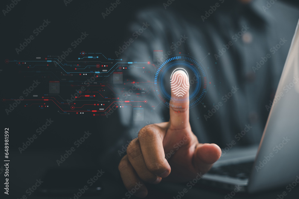 Enhanced security with futuristic biometric fingerprint scanning. Accessing personal financial data with a touch of your finger. Embrace the technology of tomorrow for ultimate privacy and control. - obrazy, fototapety, plakaty 
