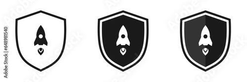 Rocket shield icons set. Protection of the shield when launching a rocket. Web design.	