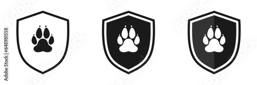 Pet insurance icon. Dog print on a shield. Set of illustrations