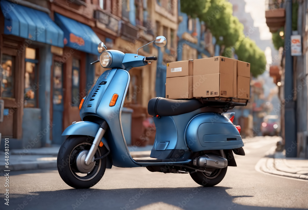 Delivery man on a motor scooter with cargo boxes. Generative AI