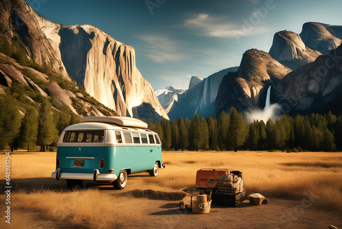 bus in the mountains, Step Back in Time with a Captivating Professional Snapshot of Retro Camping Beauty