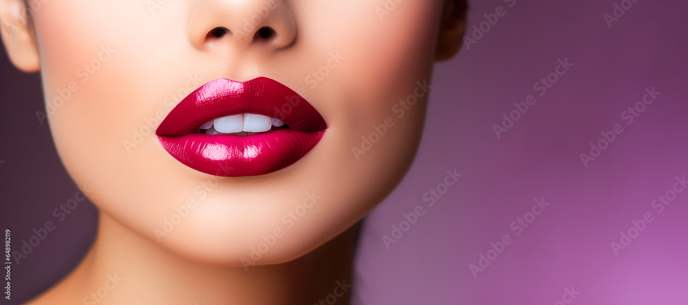 Closeup Of Woman Model Lips With Purple Shiny Lipstick and perfect skin On Purple Background With Copy Space. Ai Generated Closeup Of Woman Model Lips With Purple Shiny Lipstick and perfect skin On Purple Background With Copy Space. Ai Generated